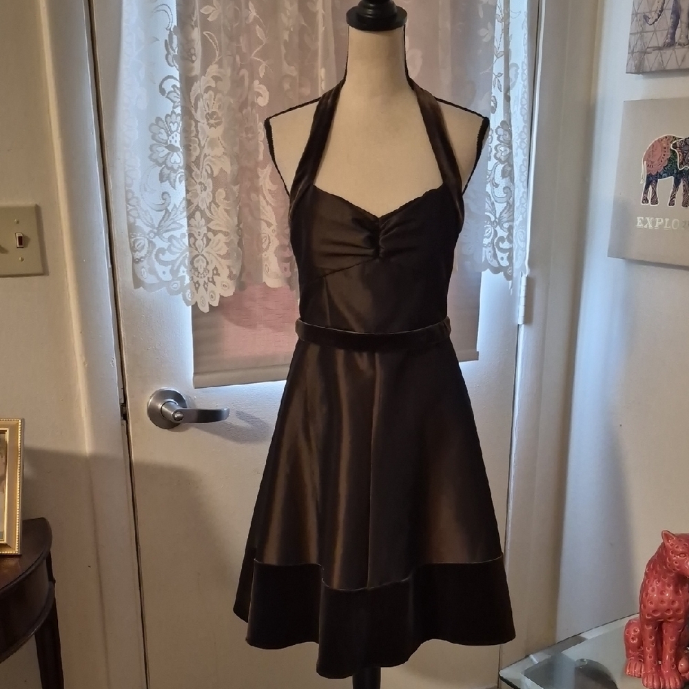 JS  Collection Vintage Style Brown Halter Dress w/Velvet Trim